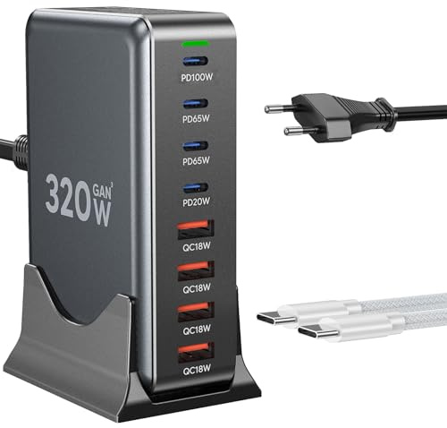 USB C Ladegerät Mehrfach: 320W 8 Anschlüsse GaN III Ladestation, USB-C PD Desktop Ladegerät mit Schnell-Laden, kompatibel mit iPhone, Samsung, MacBook,Dell,SteamDeck und mehr