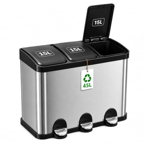 Amig - Pattumiera tripla con pedali 45 litri Mod. RECIK3-3 scomparti estraibili da 15 litri - Pattumiera per raccolta differenziata da cucina - Acciaio inox - Dimensioni: 60 x 37 x 49 cm - Argento