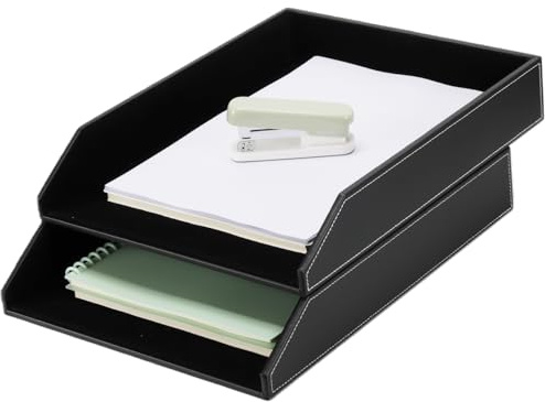 Ablagefächer Stapelbar, Leder Briefablage A4 Stapelbar, 2er Set Dokumentenablage Ablage für Büro, Home & Schule, Schwarz