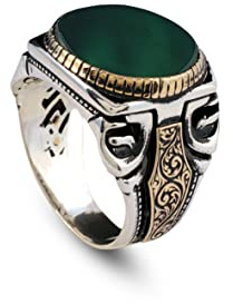 Jewellery Pit - Jade-Ring mit poliertem Edelstein, gravierter Siegelring im osmanischen Stil, handgefertigter 925 Sterling Silber Herrenring, Vintage Verlobungsring mit Adeau Silberputztuch (56)