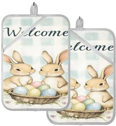 JUMBEAR Set di presine pasquali e portauova con tasca, per cucina, resistenti al calore, presina, guanti da forno e sottopentola per cuocere al forno, 17,8 x 22,9 cm