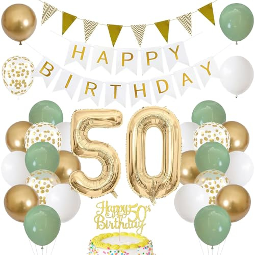 50. Geburtstag Dekoration Salbeigrüne, Grün Gold Luftballon Deko 50. Geburtstag mit Zahl 50 Folienballon, Happy Birthday Banner, Tortendeko für 50. Happy Birthday Deko Frau Mann