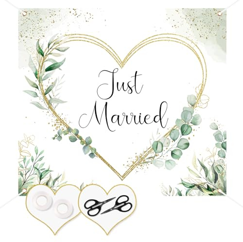 Hxezoc 200x180cm Hochzeitsherz zum Ausschneiden Grün, Herz zum Ausschneiden Hochzeit, Standesamt Überraschung, Just Married Laken Hochzeit mit 2 Scheren für das Brautpaar Hochzeitsdeko