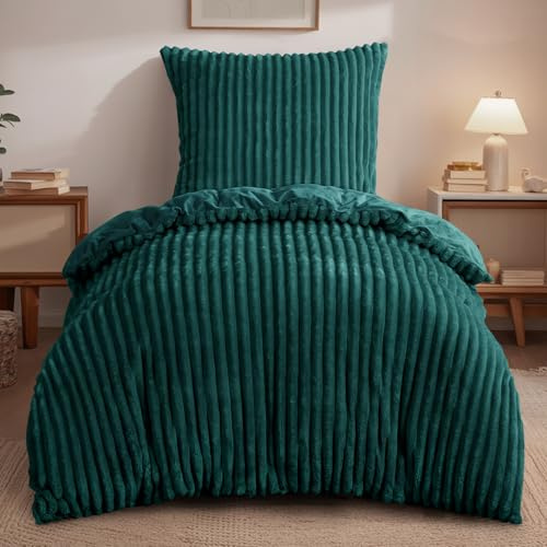 RUIKASI Winter Plüsch Bettwäsche 135 x 200 Grün 2teilig - Flanell Warme Flauschig Winterbettwäsche Cord Teddy Fleece Cashmere-Touch Bettbezug mit Reißverschluss und Kissenbezug 80x80cm