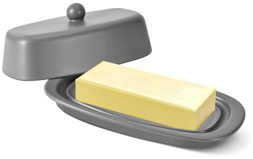 Flexzion Ceramic Gray European Butter Dish with Lid for Countertop (7 Inch) - 1 Stick Butter Holder for Counter, Cream Cheese Container Storage Keeper