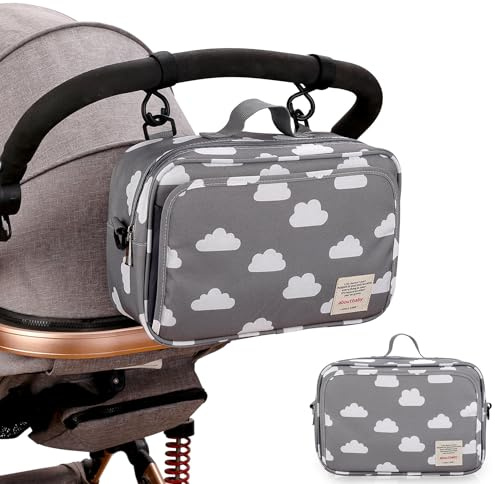 Bolso carro bebé pequeño – Organizador compacto para carrito y cochecito multiusos. Bolsa de maternidad y hospital ligera, ideal para uso diario, paseo corto y llevar lo indispensable (Nubes)