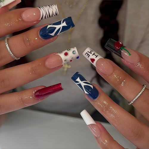 Auroriel 24 pièces Y2K ongles pressés cerise longs courts carrés faux ongles pointue française 3D fabriqués à main pleine couverture ongles acryliques pour femmes DIY fêt