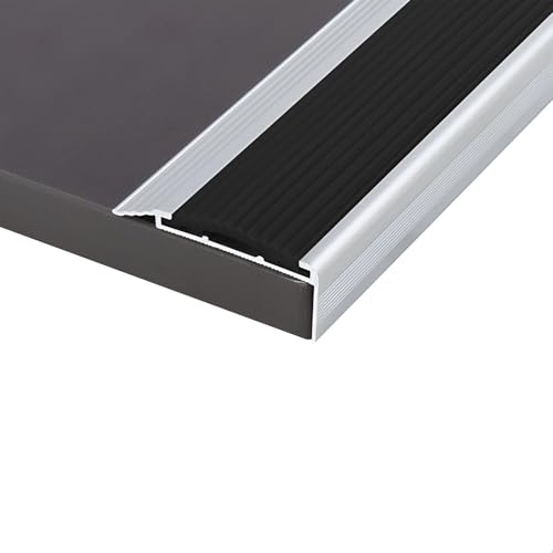 Anti-Slip Stair Edge Protection 1×2 3/8, L-Shaped Aluminum Stair Nosing Trim with Rubber Strip, Staircase Tread Step Edging for Indoor Outdoor(Black,134x6x2.5cm)