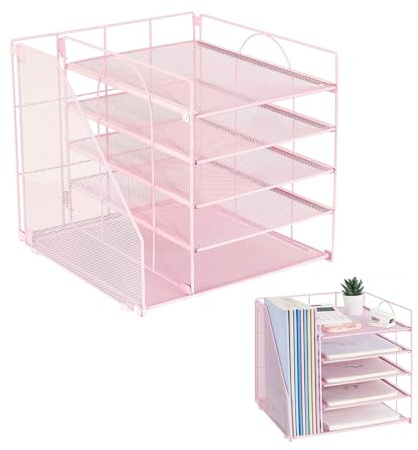 TWSOUL Schreibtisch Organizer mit Aktenhalter, 5 Ebenen Papier Briefablage, Mesh Büro Organizer, Schreibtisch Zubehör, für Schreibtischzubehör & Ablage (Rosa)
