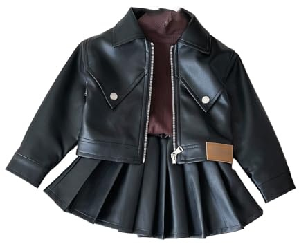 Generisch Abrigo de cuero para niñas falda plisada 2024 otoño nueva moda coreana chaqueta casual fresca para niños ropa de motocicleta Navidad invierno, Negro , 7-8 años