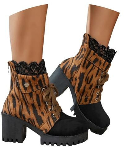Damstövlar Med Snörning Och Dragkedja Plattformsstövlar Med Blockklack Mockastövlar Med Leopardmönster Vintage Vårhöga Klackar Plus Size Ankelskor(Black,39 EU)