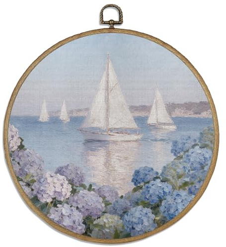 DELORIGIN Segelboot Wandbild Mit Rahmen Runde Hortensien Wandkunst Mit Vintage Haken Hängende Blumenkunstdrucke Für Wohnzimmer Flur Und Treppenhaus