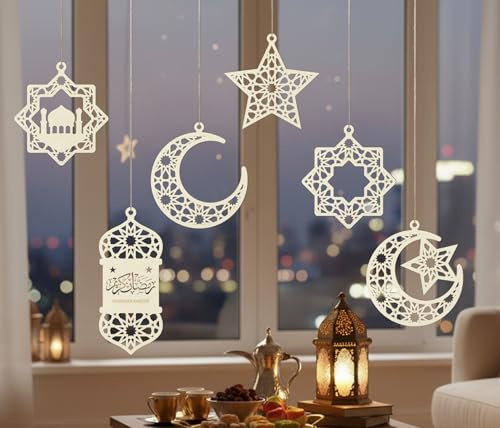 ARTREE 6 Stück Ramadan Deko Holz Set – Eid Mubarak Hängedeko mit Mond, Stern & Moschee für Ramadan Dekorationen (Inkl. 10m Juteschnur)