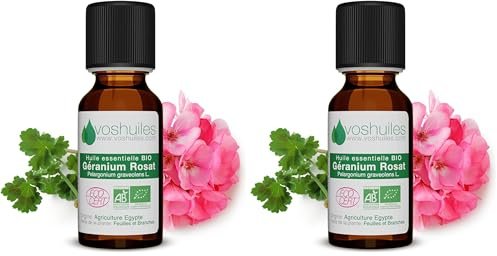 Voshuiles - Huile Essentielle Géranium Rosat Bio 20ml - Parfum Frais Fleuri - Nombreuses Vertus et Applications - Huiles Essentielles de Qualité - 100% Pure et Naturelle - HEBBD et Certifiée ECOCERT