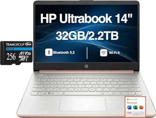 HP Rose Gold Ultrabook 14 Laptop HD Display (Intel N4500, 32GB DDR4, 2.2TB Storage (2TB PCIe SSD + 256GB microSD Card) WiFi 6, Bluetooth 5.2, Webcam, Win 11 H) with Microsoft 365 Personal