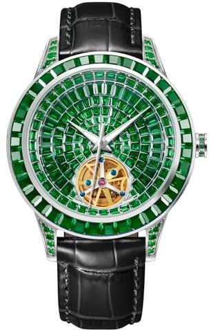 P PINDUER Strassverzierte Herrenuhr Automatik, Lederarmband Automatik Uhr Herren, Hochwertige Uhren Herren mit Glänzendem Strass Design, Automatikuhr Herren