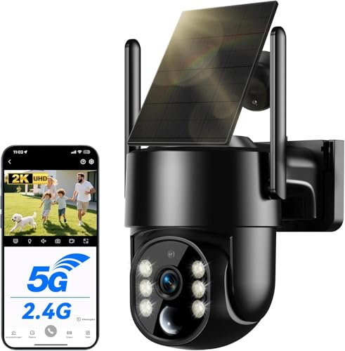 Camera Surveillance WiFi Exterieure sans Fil Solaire 2.5K 4MP avec Panneau Solaire 5W, 2K QHD, Batterie 8000mAh, 2.4G et 5GHz Wi-FI, 360° PTZ Suivi Automatique, IP66, PIR Détection