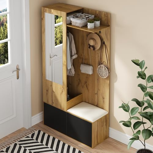 staronce Garderobe Set mit Spiegel & Schuhschrank – Schwarz-Holz, 100x38x191 cm – Flurgarderobe mit 5 Haken & Sitzbank, Garderobenset mit verstecktem Kleiderbügel für Flur