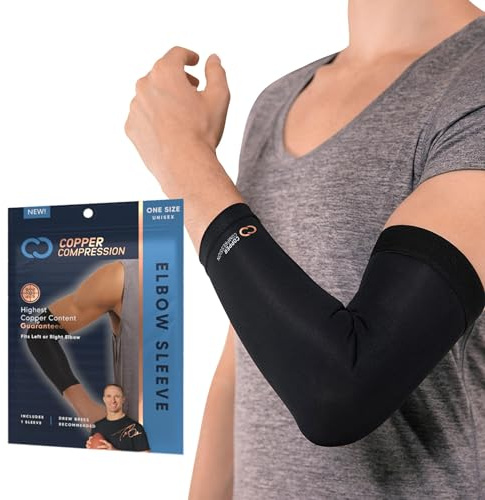 Copper Compression Elbow Sleeve - Copper Infused Orthopedic Brace for Tennis & Golfer Elbow, Tendonitis, Arthritis, Bursitis, Sore Joints & Muscles - Fits Men & Women -1 Sleeve - Original/Black - L
