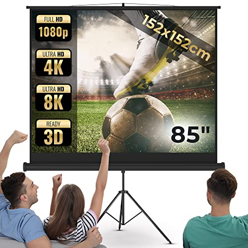 Jago® Ecran Projection - 1:1, 4:3, 16:9, HD 4K 3D, Manuel Extensible, Gain 1,0 - Projecteur Video, Videoprojecteur Portable, Écrans de Projection TV et Home Cinema (152x152 cm - 85, avec trépied)