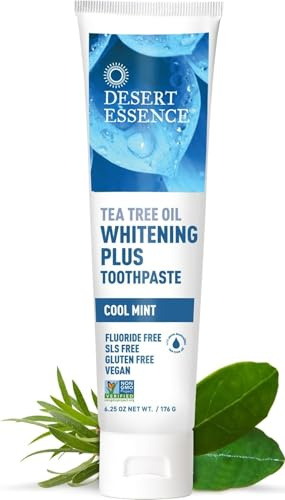 DESERT ESSENCE - Whitening Plus Toothpaste Cool Mint - 6.25 oz. (176 g) | Coole Minz-Formel mit Backpulver, Bambusstammfaser und Zinkcitrat; fluoridfrei, vegan und SLS-frei
