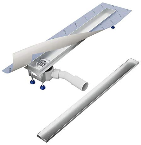 Aquabad Duschrinne SDS Pro 80 cm, gebürtseter Edelstahl inkl. Haarsieb, Abgang seitlich waagerecht, befliesbare Mulde, linearer Bodenablauf, Komplettset