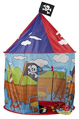 Relaxdays 10022458 Piraten Spielzelt für Jungen, Kinderzelt mit Piratenflagge ab 3 Jahren, Spielhaus H xD 130 x 100 cm, rot-blau