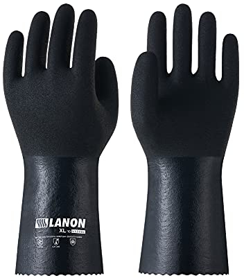 LANON Protection Black Nitrile Chemical Resistant Gloves, Heavy Duty Work Gloves, Non-Slip, Latex Free, Reusable, CAT III, Extra Large…