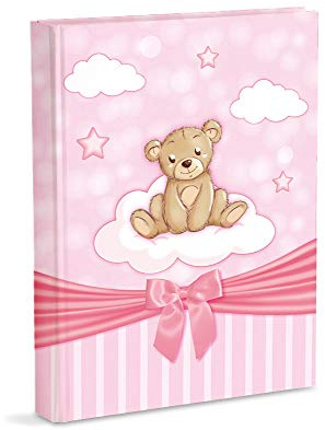 Álbum de fotos de nacimiento con agenda 23 x 30 cm 56 páginas en blanco y 4 páginas personalizables en cartulina gruesa y resistente intercaladas con pergamino, osito de peluche rosa