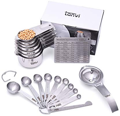 Tanvi Measuring Cups and Spoons Set (21 PCS) - Stainless Steel Measuring Ruler, Egg Separator, Leveler and Magnetic Measurement Conversion Chart with 2 D Rings