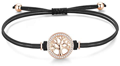Lebensbaum Armband Damen Mädchen Kinder Rosegold Silber 925, Armband Mutter Tochter Mama, Stoff Glücksbringer Schwarz Damen Schmuck Personalisierte Geschenke für Frauen Mädchen Freundin