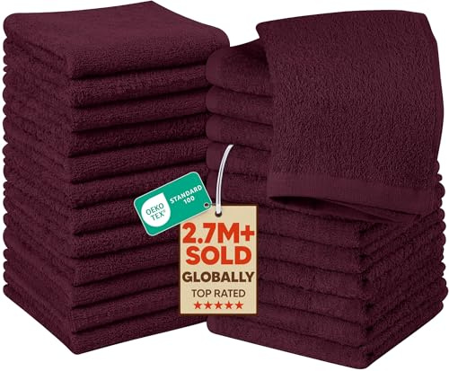Utopia Towels 24 Pack Cotton Washcloths Set - 100% Ring Spun Cotton, Premium Quality Flannel Face Cloths, Highly Absorbent and Soft Feel Fingertip Towels (Burgundy)