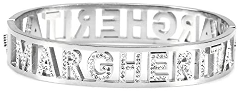 Flowers Bracciale Rigido Acciaio con Nome Vari e Zirconcini Sacchettino in tessuto Scritta nome ricoperta di strass Brillantissimi Bracciale a Manetta Donna Chiusura a molla Idea Regalo