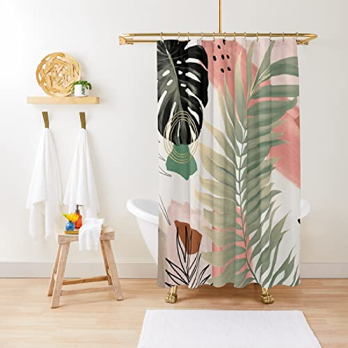 NHSY Palmblatt Sommer Glam Tropical Decor Art Duschvorhang Collage Monstera Blätter Aquarell Streifen Goldene Kreise Linie Badezimmerdekoration,180x180cm
