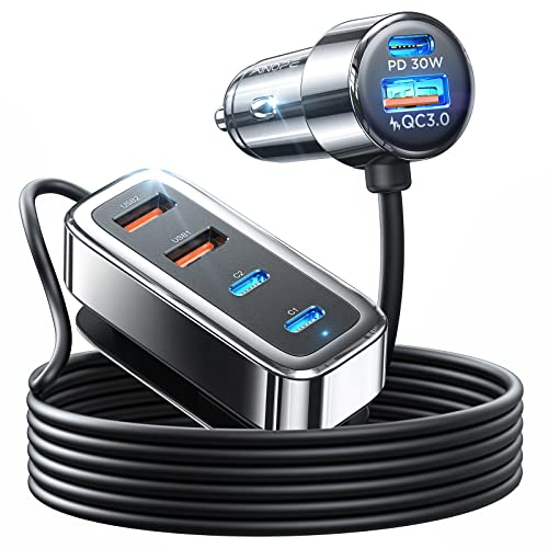 AINOPE 90W USB C Auto-Ladegerät mit 6 Anschlüssen,kfz Super Mini Ganzmetall Schnellladung with 5FT Kabel mit iPhone 15/14/13 Pro Max, Samsung