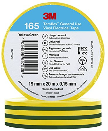 3M Temflex 165 Isolierband, Vinyl Grün, Gelb, 0.152mm x 19mm x 20m