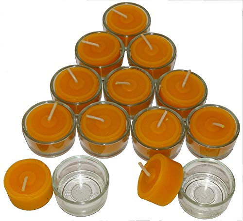 Bienenzauber 12 Bienenwachsteelichter aus reinem Bienenwachs, handgefertigt und 12 Teelichte Gläser für eine gemütliche Atmosphäre durch einen angenehmen Bienenwachs Duft, Gelb
