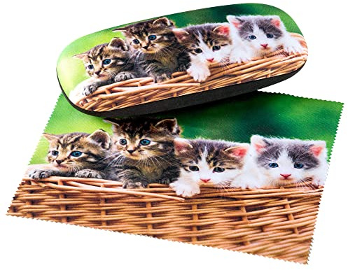 FEFI - Hardcase Brillenetui KITTY mit feinem Mikrofaser Bezug und passendem Tuch - Süße Kätzchen für alle Katzenliebhaber