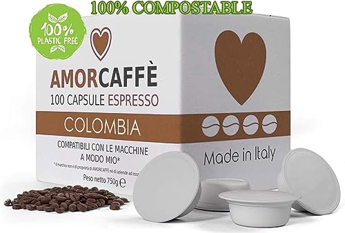 Amorcaffe 100 Compostable Compatible Coffee Capsules Pods for Lavazza A Modo Mio - Colombia taste - Plastic free