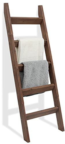 FUIN 5ft (58) Wood Blanket Ladder Living Room Decorative Wall Leaning Farmhouse Quilt Display Holder Storage Rustic Wooden Towel Rack for Bathroom, Brown