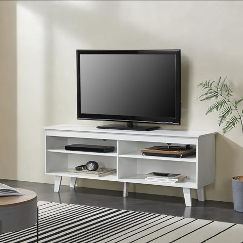 [en.casa] Fernsehtisch Stenløse TV-Lowboard Fernsehschrank Fernsehkommode Weiß mit 4 Ablagefächern 150 x 38 x 58 cm mit 2 Kabeldurchlässe für Wohnzimmer