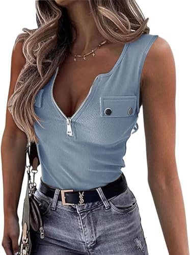 ELFIN Camiseta de Tirantes con Cremallera Acanalada para Mujer Verano Sexy Cuello en V Camisetas sin Mangas Corte Ajustado básica elástica