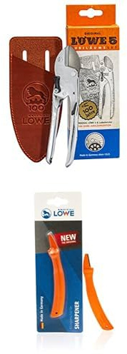 Original LÖWE Set bestehend aus Jubiläumsedition Garten Amboss Schere 5.100 mit handgefertigtem Lederholster & Klingenschärfer 0022 für Gartenscheren und Industriescheren