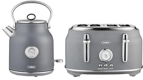 Tower Renaissance Kitchen Set, 1.7L Quiet Boil Kettle & 4 Slice Toaster, Grey, T10063GRY, T20065GRY
