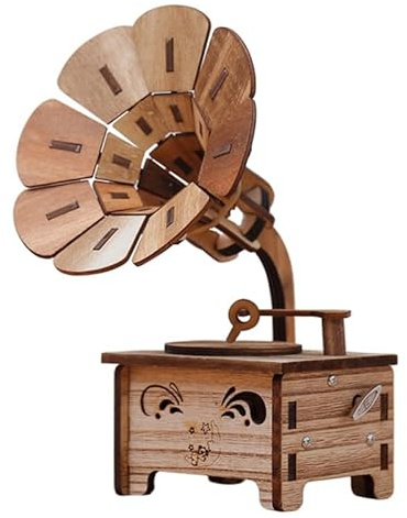 Amosfun Kreative Holz Spieluhr im Retro Grammophon Design Handgemachte Musikbox für Romantische Geschenke für Geburtstage und Valentinstag