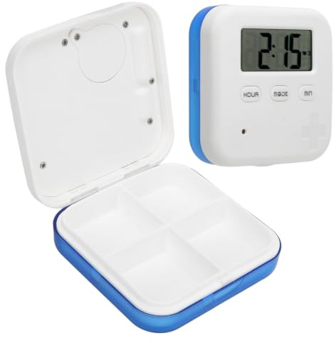 Organizador De Pastillas Con Alarmas Recordatorias, 210 mAh Caja De Medicamentos Portátil De 4 Compartimentos Con Temporizador Estuche Inteligente Para Vitaminas Y Pastillas Con Sonido Fuerte(Azul)