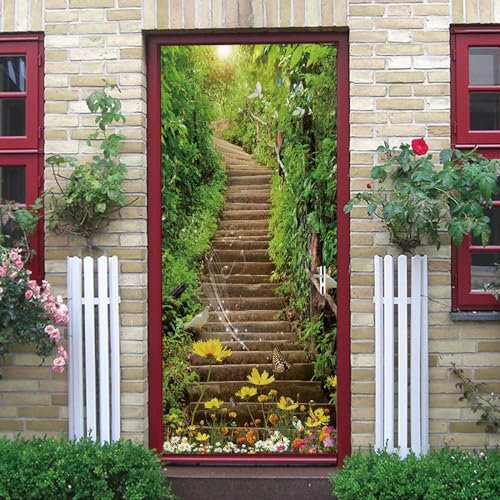 Türtapete Selbstklebend Grüne Treppe Auf Dem Land 77 X 200 Cm Türposter Fototapete Poster Tapete Pvc 3D Türaufkleber Selbstklebend Diy Türbild Wandbild - Kinderzimmer Wohnzimmer Küche Schlafzi 0