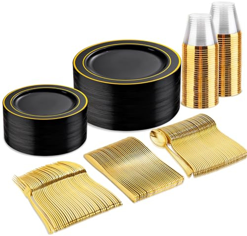 bUCLA 150 Pieces Black and Gold Disposable Dinnerware Set - 25 Guests Black Gold Plastic Plates Include 25 Dinner & 25 Dessert Plates, 25 Spoons, 25 Forks, 25 Knives, 25 Cups for Party & Graduation