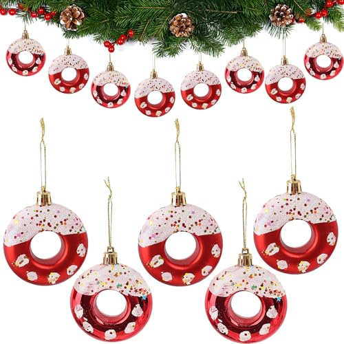 DAHI 8X Caramelle Decorazioni per Albero di Natale, Rosso e Bianco, Palline a forma di Ciambella, con Glitter, Caramelle Natalizie Decorazioni, Palline di Natale (Rosso e Bianco)