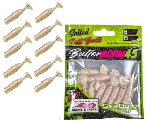 SEABUZZ Gummifische Angelköder Set Butter Worm 10Stk x 45mm Hecht Forelle
